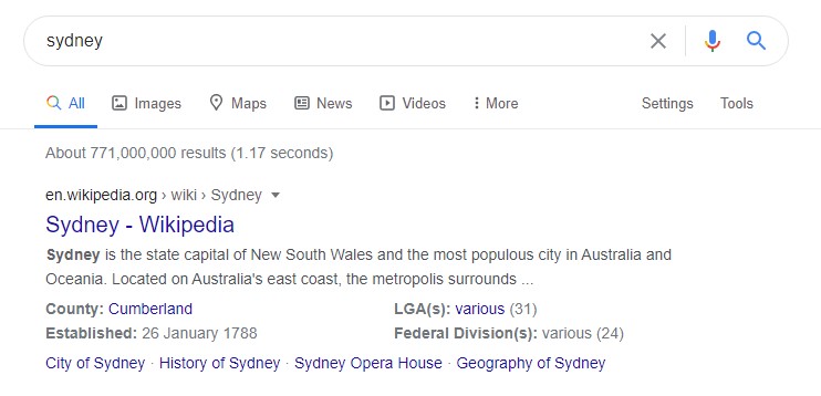Top search results in Google for keyword Sydney